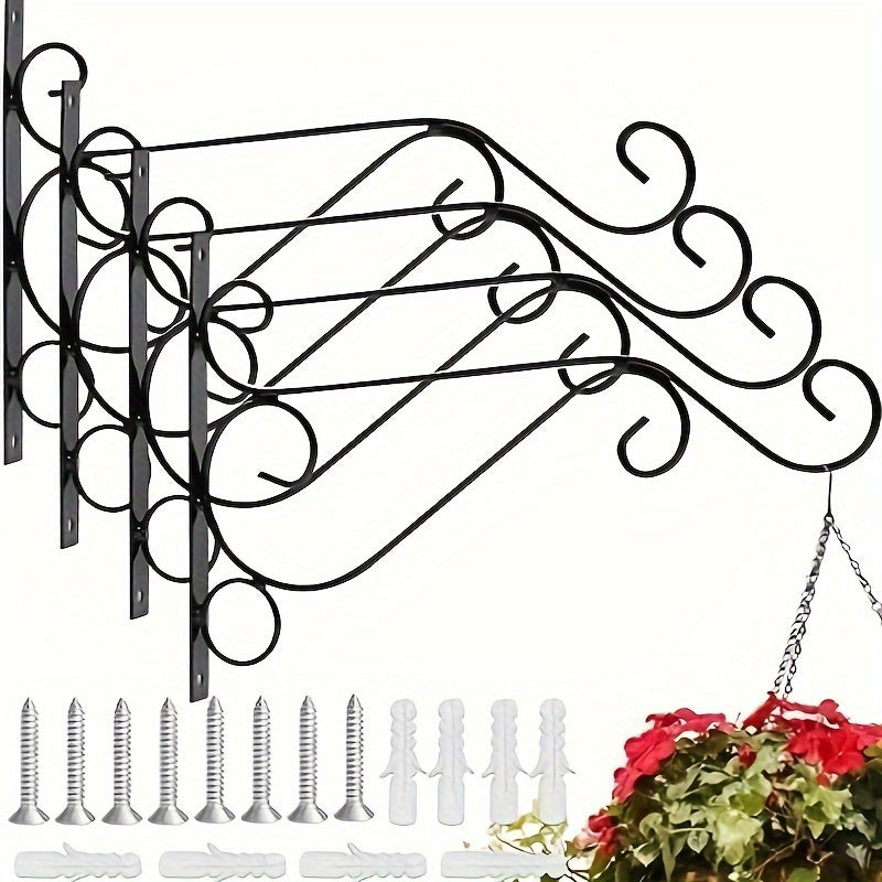 4 piezas de ganchos de pared de metal negro de alta resistencia para colgar macetas, faroles y luces de césped - Incluye tornillos, fácil de instalar, no necesita energía, ideal para decoración al aire libre e interior, decoración de jardín | Decoración