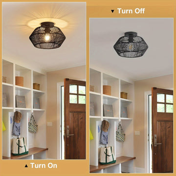 Lámpara de techo estilo boho de mediados de siglo, base E27, montaje semiempotrado, pantalla de 32.0 cm tejida a mano en ratán y metal, acabado barnizado, instalación cableada para dormitorio, pasillo, habitación infantil o sala de estar - Negro