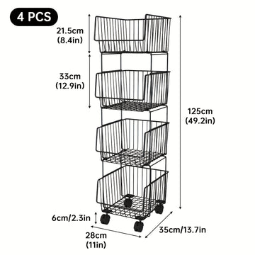 Carrito de cocina metálico resistente de 4 niveles con ruedas, organizador rodante de hierro fundido negro para despensa, garaje u oficina - Fácil armado, sin necesidad de herramientas, organizadores y almacenamiento de cocina