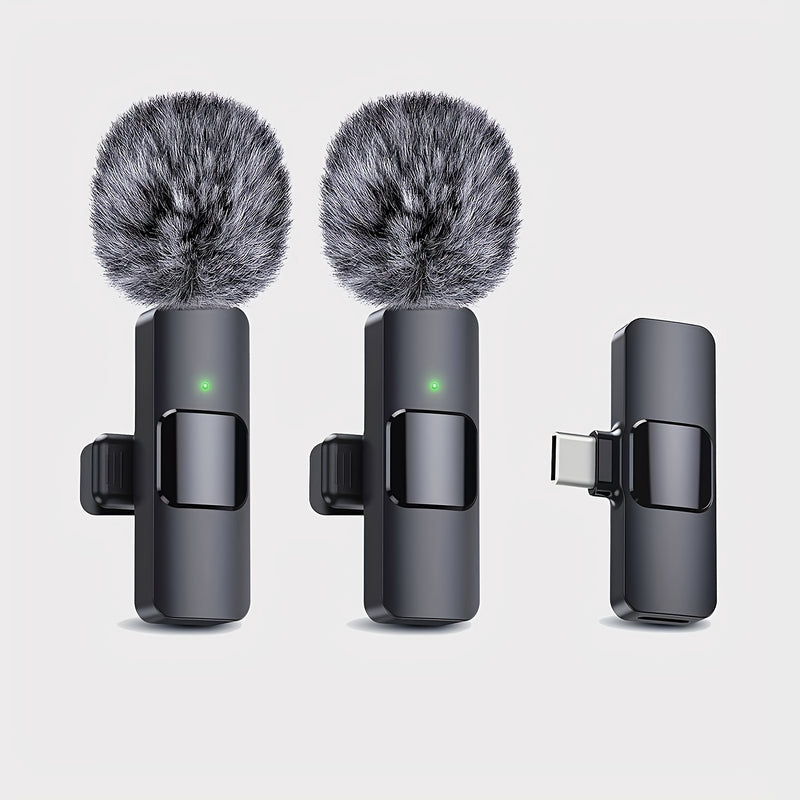 Micrófono Lavalier inalámbrico FengYang con reducción de ruido y controles integrados - Compatible con USB-C para teléfonos inteligentes, laptops, vlogging, clases en línea, podcasts - Micrófono compacto de clip con malla reductora de explosiones (negro)
