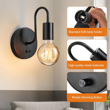 Linterna de pared negra, lámpara retro regulable E26 industrial para dormitorio, baño o pasillo (bombilla no incluida)