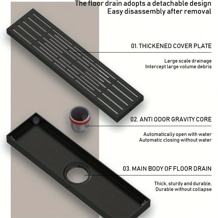 1 desagüe rectangular lineal para baño y ducha, grueso y resistente, con recolector de cabello, material resistente a olores, fácil de limpiar, acabado metálico elegante, construcción duradera