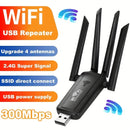 Un repetidor de cuatro esquinas con diseño negro y blanco, que opera a una frecuencia única de 300 Mbps, es ideal para una cobertura extensa. Este amplificador de señal de Wi-Fi es perfecto para oficinas con baja intensidad de datos, así como edificios r