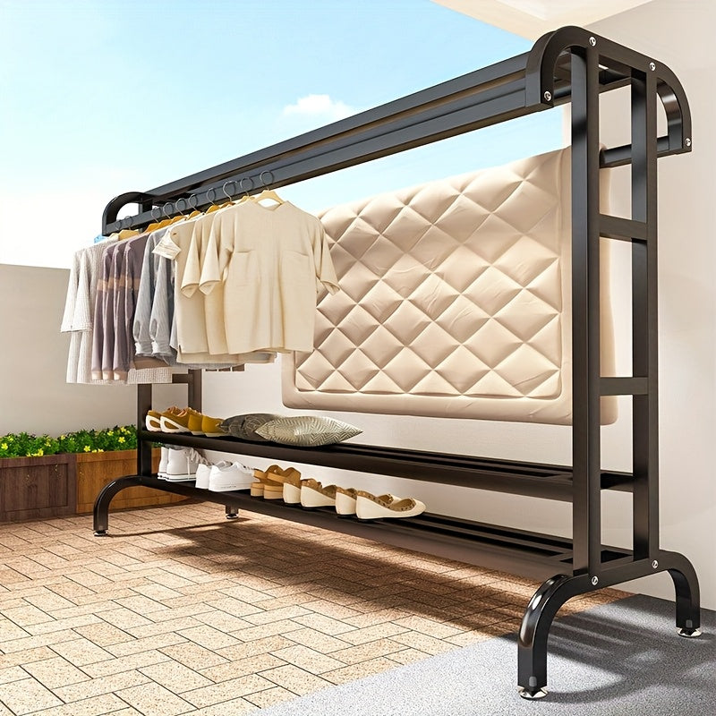 Perchero resistente con ruedas, estante de doble barra metálica negra robusto, perchero independiente con estantería y zapatero, ideal para colocar cajas, zapatos, botas, perfecto para dormitorios, hogares, oficinas, uso interior - , Secadores