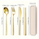 Juego de cubiertos portátil de acero inoxidable, 4 piezas: incluye tenedor, cuchillo, cuchara y palillos chinos, almacenados en una práctica caja para llevar, ideal para comer fuera de casa y comidas al aire libre