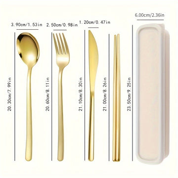 Juego de cubiertos portátil de acero inoxidable, 4 piezas: incluye tenedor, cuchillo, cuchara y palillos chinos, almacenados en una práctica caja para llevar, ideal para comer fuera de casa y comidas al aire libre