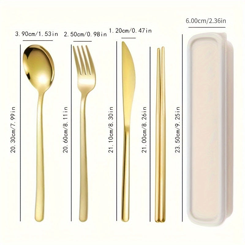 Juego de cubiertos portátil de acero inoxidable, 4 piezas: incluye tenedor, cuchillo, cuchara y palillos chinos, almacenados en una práctica caja para llevar, ideal para comer fuera de casa y comidas al aire libre