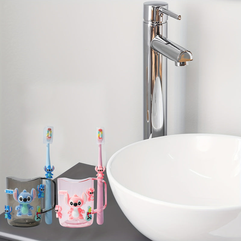 2 piezas de cepillos de dientes y vasos enjuagadores de plástico con temática de Stitch y Angel, duraderos y fáciles de limpiar, ideales para familias y residencias estudiantiles, accesorios de baño | Diseño divertido | Construcción resistente