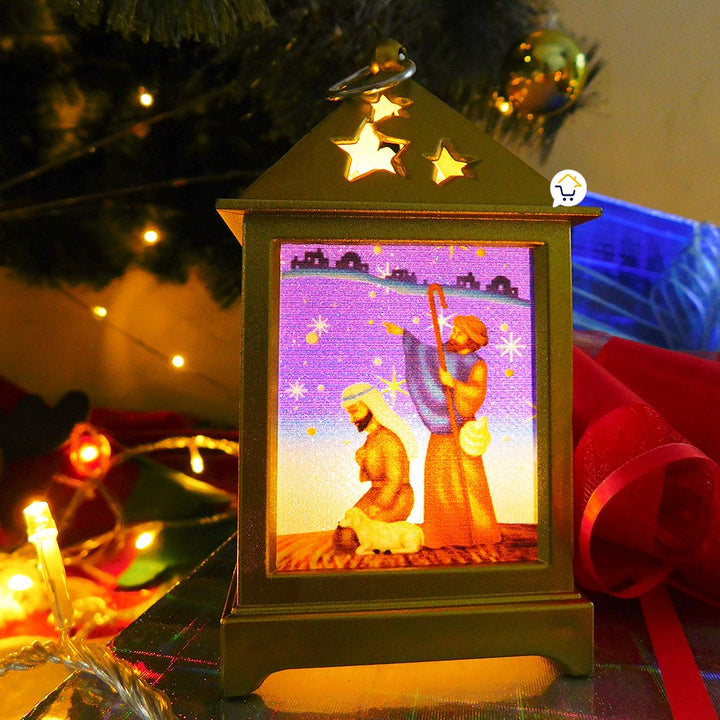 Pesebre Farol Cuadrado Vela Navideño Dorado Luz LED Navidad ZF045D