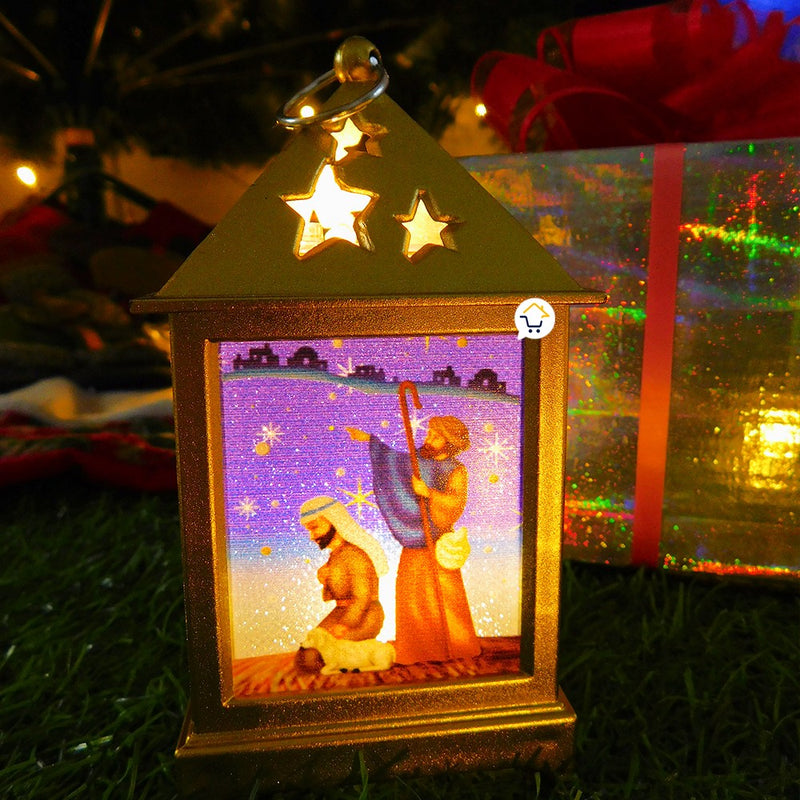 Pesebre Farol Cuadrado Vela Navideño Dorado Luz LED Navidad ZF045D