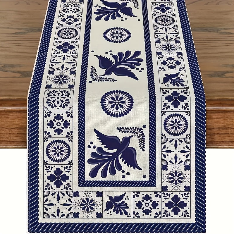 1 pieza, Camino de Mesa Muertos Mexicano, Protectores Térmicos para Mesas, Decoración de Cocina y Comedor con Diseño Azul Patchwork para Hogar o Fiestas, 13 x 36, 13 x 48, 13 x 72, 13 x 90, 13 x 108