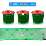 Cinta de Malla Navideña Metalizada x3 Rollos 9 m Verde 6246V