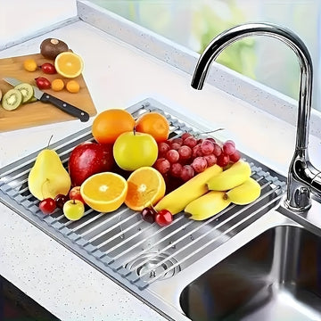 1 unidad de rejilla de drenaje plegable de acero inoxidable, rejilla de filtro de agua, persiana enrollable de fregadero, tazón y palillos, estantería para frutas y verduras, estantería de cocina, rejilla de drenaje plegable, gadgets de cocina, utensilio