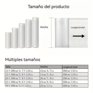Juego de 5 Rollos Selladores al Vacío Libres de BPA, Bolsas Texturizadas Duraderas y Resistentes a Perforaciones, Ancho Variado (Diversos Anchos) y 3 Metros Cada Uno, Perfecto para la Conservación de Alimentos, Sous Vide y Almacenamiento en Gran Volume,