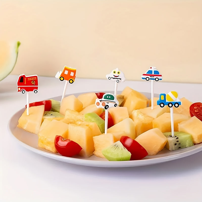 6 piezas de tenedores de postre de vehículos de dibujos animados, picas de frutas de plástico para pasteles, divertidos diseños de coches y camiones para aperitivos y snacks de fiesta