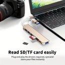 Un adaptador USB 8 en 1 con un conector de audio, diseñado para tabletas, con un adaptador multi puerto, alimentado por USB, que opera a 5V, compatible con tabletas.