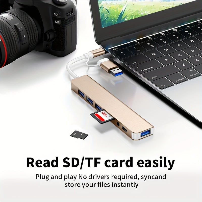 Un adaptador USB 8 en 1 con un conector de audio, diseñado para tabletas, con un adaptador multi puerto, alimentado por USB, que opera a 5V, compatible con tabletas.