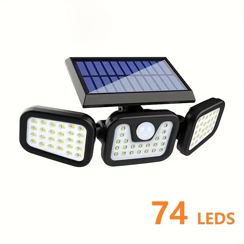 Luz solar exterior con 74 LED, diseño giratorio 360° de 3 cabezas, iluminación en 3 lados, sensor de movimiento con encendido automático, doble batería de alta capacidad, 3 niveles de intensidad, ideal para jardín, garaje, porche y caminos (2 baterías de