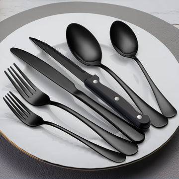 Juego de 24 piezas de cuchillería occidental de alta calidad de acero inoxidable, con cuchillo, tenedor y cuchara. Cuchillo de cuchillo de carne, cuchillo de bistec, cubertería negra. Cubertería de plata de acero inoxidable, cuchillo de postre, tenedor y