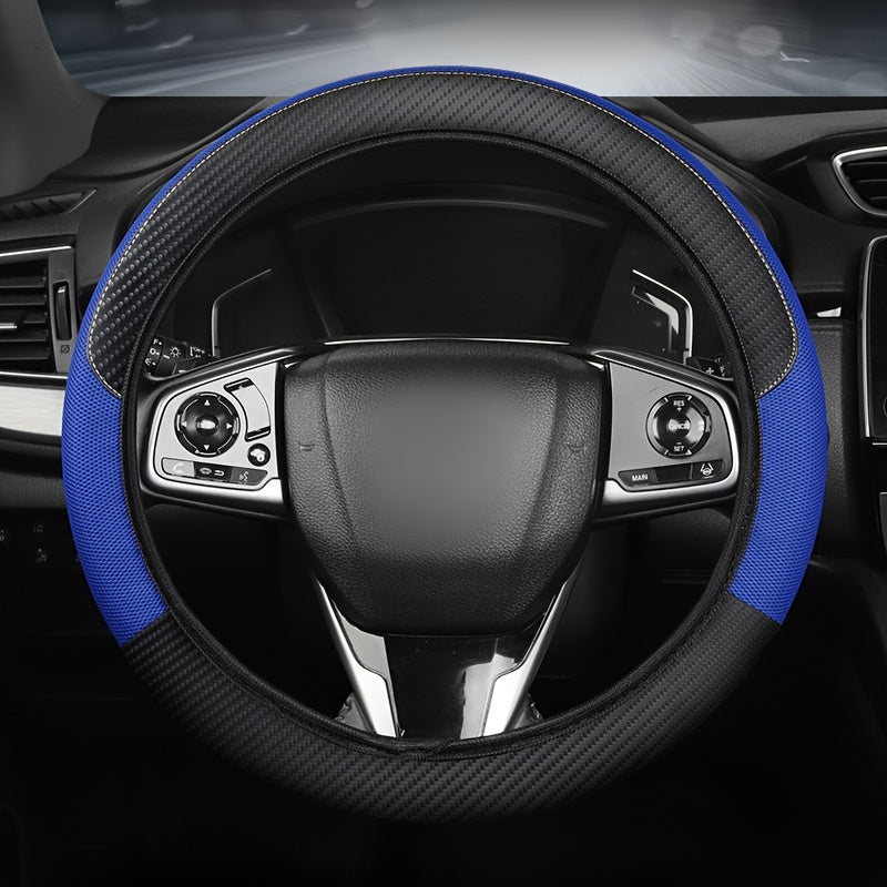 Funda de volante de cuero sintético de ajuste universal con diseño de malla y fibra de carbono - Transpirable, antideslizante, para todas las estaciones, sin anillo interior, se ajusta a la mayoría de los coches, correas de motocicleta | Funda de volante