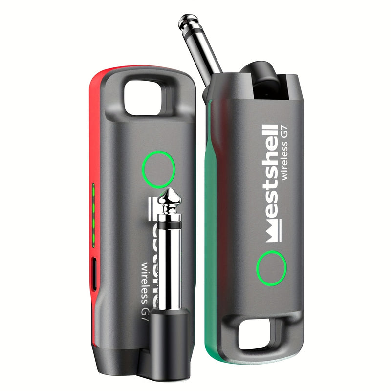 Sistema inalámbrico para guitarra WESTSHELL G7 con señal digital de doble banda, baja latencia y recargable por USB - Transmisor y receptor compactos en gris para guitarra eléctrica, bajo, instrumentos de viento, transmisor de señal para guitarra | Acces