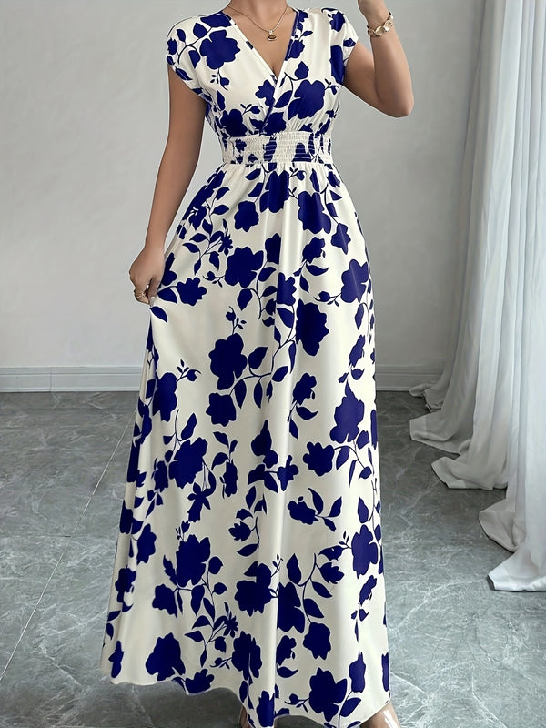 Elegante vestido largo de flores rosas con cuello en V y mangas cortas - Silueta de línea A que fluye, cintura ceñida, perfecto para primavera/otoño, ropa casual a formal, ropa elegante casual | Vestido con estampado floral | Diseño de cintura ceñida