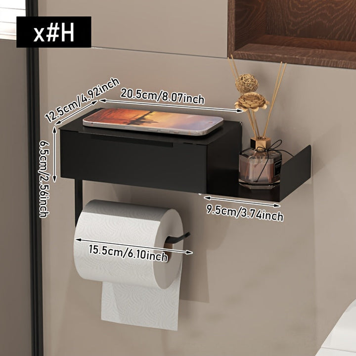 1pc Soporte de Papel Higiénico de Hierro Forjado con Estante - Dispensador de Rollo de Papel Higiénico Autoadhesivo Montado en la Pared, Instalación Sin Taladrar, Almacenamiento Multifuncional para Toallitas Húmedas y Teléfono, Decoración del Hogar