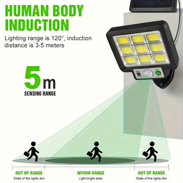 Lámpara solar LED para exterior, 56/72/108/117 LED, 3000 lúmenes, con sensor de movimiento, 3 modos de iluminación, paneles ajustables, seguridad con cable, para patio