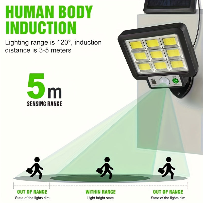 Lámpara solar LED para exterior, 56/72/108/117 LED, 3000 lúmenes, con sensor de movimiento, 3 modos de iluminación, paneles ajustables, seguridad con cable, para patio