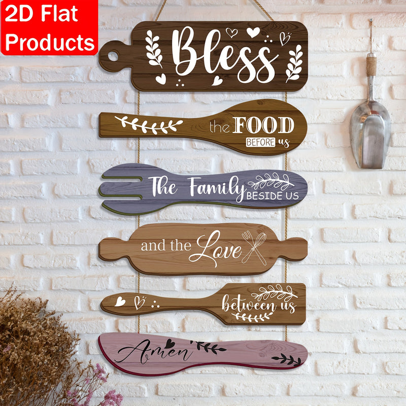 Decoración de Pared para Cocina Campestre "Bendice Nuestra Comida", 6 piezas en 2D Plano, Arte Divertido con Patrón de Restaurante, Pintura Colgante de Madera Retro, Adecuada para la Decoración del Salón de Comedor al Estilo Campo