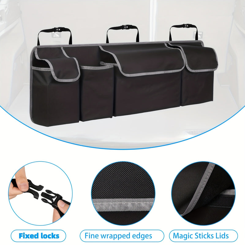 1 pieza, organizador de maletero de automóvil multifuncional de tela Oxford - Material duradero negro con bolsillos con cremallera, ideal para almacenar artículos en el asiento trasero y maletero de SUV y otros vehículos, solución de almacenamiento de ma