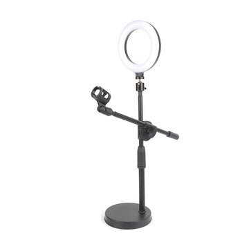 Barra de Iluminación Superior Versátil con Soporte para Teléfono y Soporte para Micrófono de Escritorio - Hierro Negro, Ideal para Transmisiones en Vivo y Fotografía de Comida