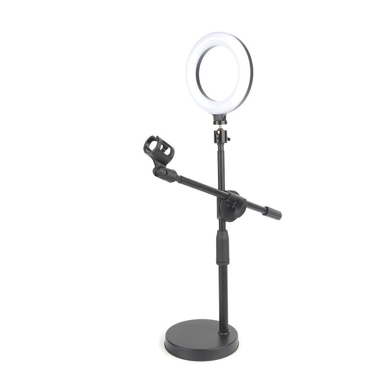 Barra de Iluminación Superior Versátil con Soporte para Teléfono y Soporte para Micrófono de Escritorio - Hierro Negro, Ideal para Transmisiones en Vivo y Fotografía de Comida