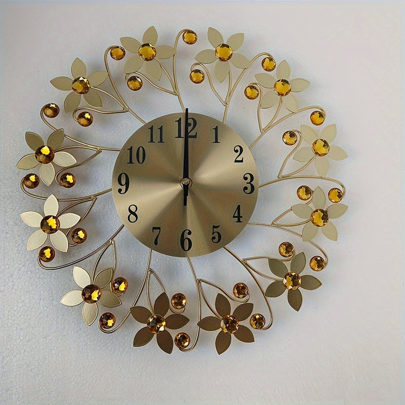 [Reloj Moderno de Flores Redondo] Reloj de Pared Silencioso Moderno Metálico de 14.17 pulgadas - 1 pza Diseño Redondo de Flores Fácil de Leer Con Cristales - Accesorio de Decoración para Sala de Estar y Dormitorio