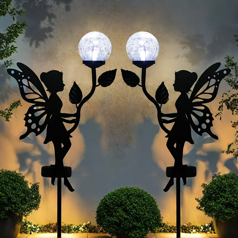 2 Piezas de Decoración Solar para Jardín de Hadas, Estatuas de Metal con Globos de Vidrio Craquelado y Luces, Silueta IPX4 para Exteriores, Patio, Jardín, Caminos, Regalos de Jardinería para el Día de la Madre, Decoración para Exteriores y Césped
