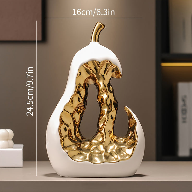 1 pieza de moderna escultura de pera de cerámica abstracta - Elegante adorno decorativo dorado y blanco para el hogar o la oficina, regalo perfecto para las vacaciones, exhibición en la mesa o el armario, decoración de oficina