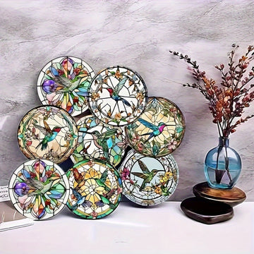 8 Piezas de Posavasos con Patrón de Vidrio Manchado de Colibrí, Antideslizantes y Resistentes al Calor para Protección de Mesas, Ideales para Tazas, Cafés, Oficinas, Cocinas, Restaurantes, Decoración o Coleccionismo Personal