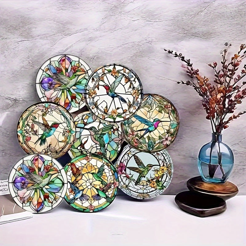 8 Piezas de Posavasos con Patrón de Vidrio Manchado de Colibrí, Antideslizantes y Resistentes al Calor para Protección de Mesas, Ideales para Tazas, Cafés, Oficinas, Cocinas, Restaurantes, Decoración o Coleccionismo Personal