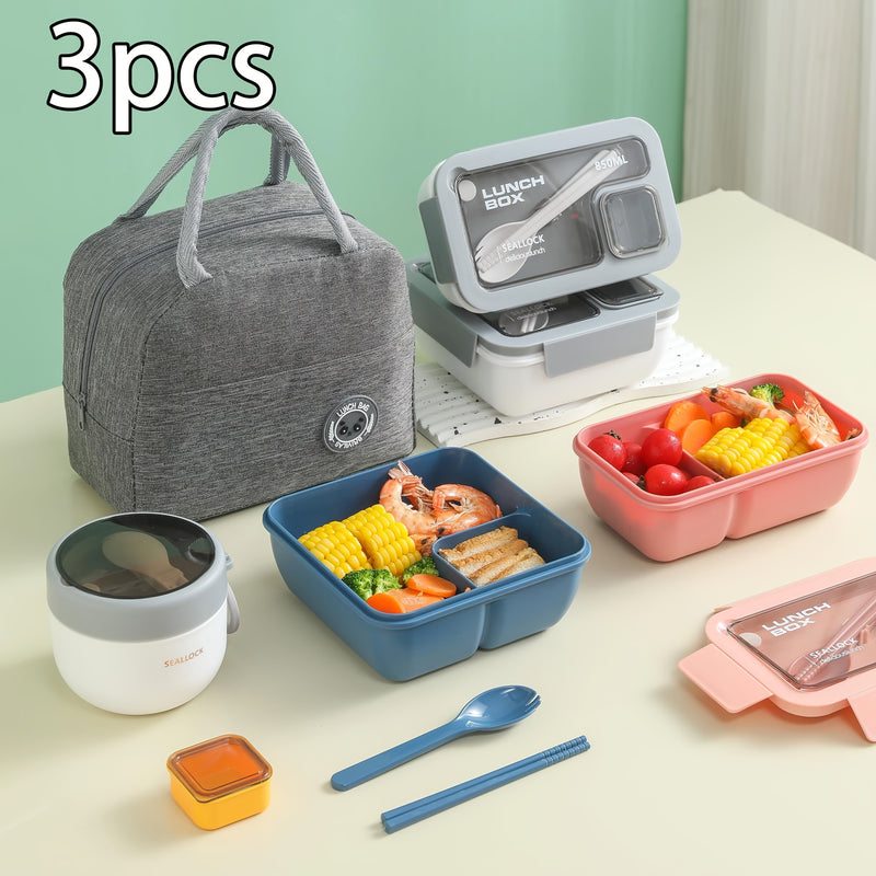 Juego de 3 Piezas de Lonchera con Tapa Antifugas y Bolsa Aislante, Contenedor Grande para Alimentos Portátil para Escuela, Oficina, Camping, Picnic o Cocina, Incluye Palillos y Cuchara, Ideal para Regalo