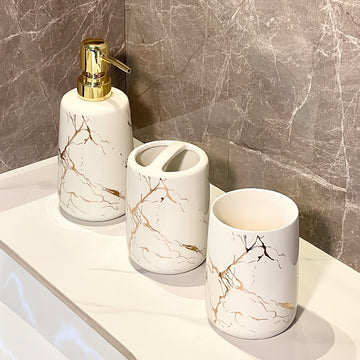 Juego de 4 piezas de cerámica con diseño de mármol para baño, incluye vaso para cepillo de dientes, dispensador de jabón líquido, ideal para hogar, alquiler o hotel