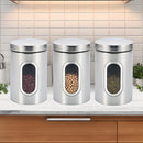 Tarros de Almacenamiento para Cocina, 3 Piezas en Acero Inoxidable con Ventana Transparente - Ideales para Café, Té y Granos - Organizador Redondo Reutilizable con Tapas Abatibles | Solución de Almacenaje Moderna | Utensilios de Cocina Duraderos