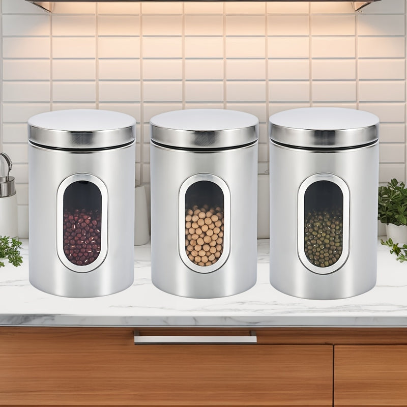 Tarros de Almacenamiento para Cocina, 3 Piezas en Acero Inoxidable con Ventana Transparente - Ideales para Café, Té y Granos - Organizador Redondo Reutilizable con Tapas Abatibles | Solución de Almacenaje Moderna | Utensilios de Cocina Duraderos