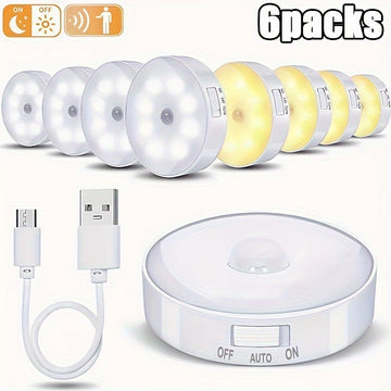 6 luces LED con sensor de movimiento recargables por USB – Iluminación moderna con brillo ajustable para mesita de noche y escaleras, diseño en plástico blanco para dormitorio, residencia y uso en el hogar, luz con sensor de movimiento para interiores