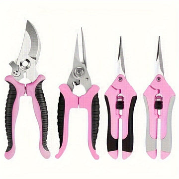 Juego de 4 Tijeras de Poda Profesionales Rosas - Tijeras de Jardinería de Acero Inoxidable para Flores/Ramas, Kit Multiusos Manual
