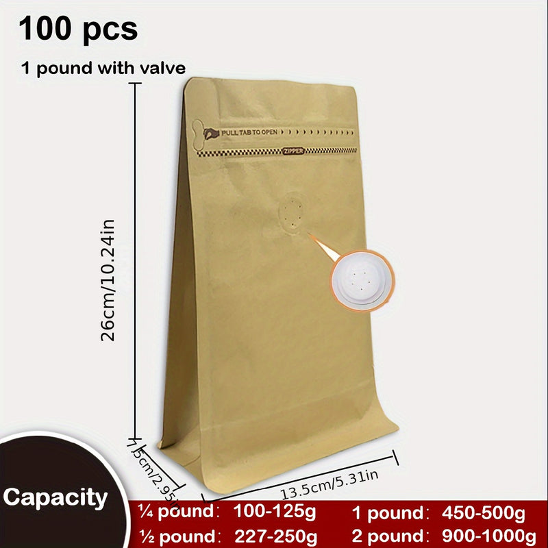 100 piezas Bolsa de Café Kraft con Válvula Unidireccional y Sellado Automático para Granos de Café, Frutos Secos y Semillas, Hojas de Té