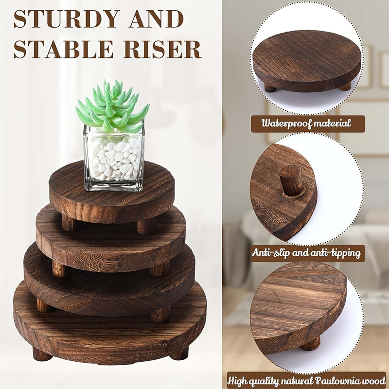 Soporte de Exhibición de Madera para Escritorio de 4 Piezas, Base de Madera para Exhibición, Soporte Redondo Mini, Antiguo de Madera, Utilizado para Decoración de Bandejas Superpuestas, Adecuado para Cocina de Hogar, 4 Tamaños