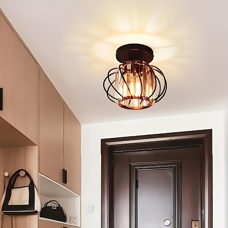 1 pieza de luz de techo semi-inclinada moderna, diseño de jaula de metal con paneles de vidrio, base de bombilla E26, cableado duro, acabado con aceite para sala de estar, pasillo, baño, cocina - bombilla no incluida, iluminación para techo