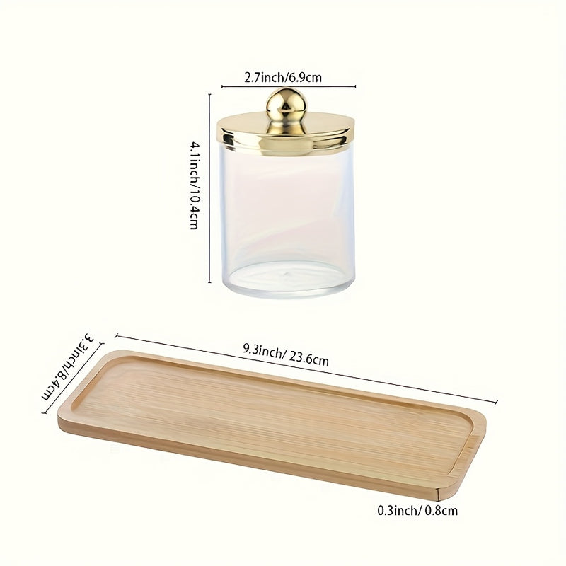 Juego de 3 frascos de plástico para hisopos con tapa dorada, organizador de algodón, bolas y discos de 10 oz, set de botes transparentes para baño con bandeja, dispensador para almacenamiento