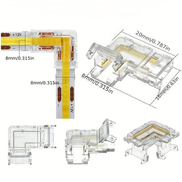Kit de conectores para tiras LED de 8mm/10mm de ancho, 6 piezas de conectores en L transparentes sin espacio y 4 piezas de conectores de tira a tira para luces LED PWM FCOB CCT