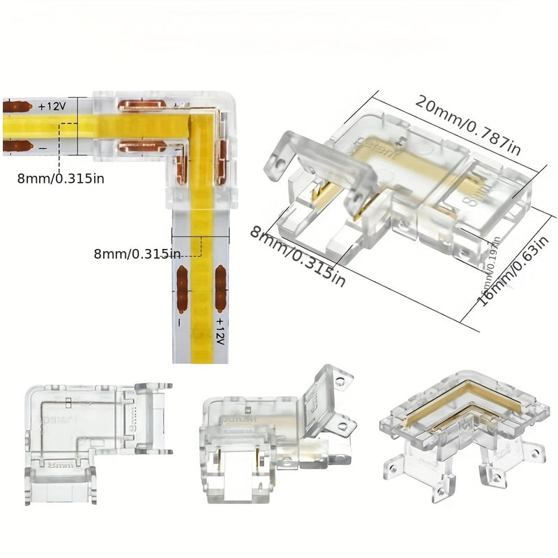 Kit de conectores para tiras LED de 8mm/10mm de ancho, 6 piezas de conectores en L transparentes sin espacio y 4 piezas de conectores de tira a tira para luces LED PWM FCOB CCT